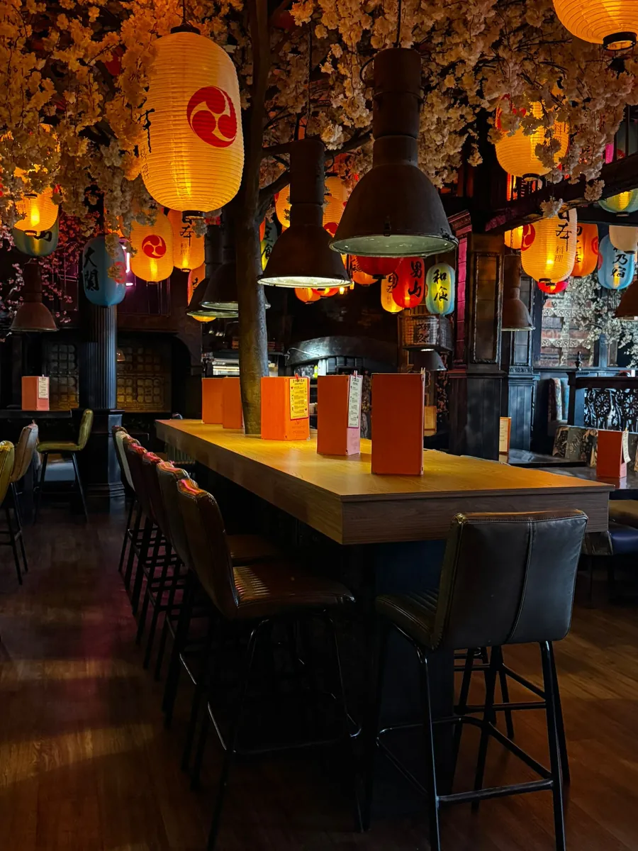 Tables beneath the blossom trees and lanterns