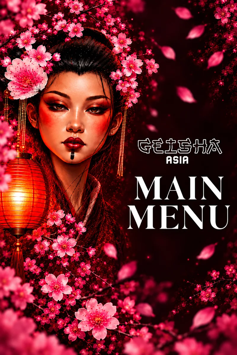Main Menu cover with a geisha in pink blossom