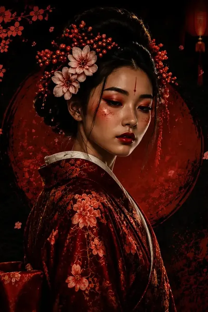 A geisha in a red kimono before a red sun, from the Daytime Special artwork