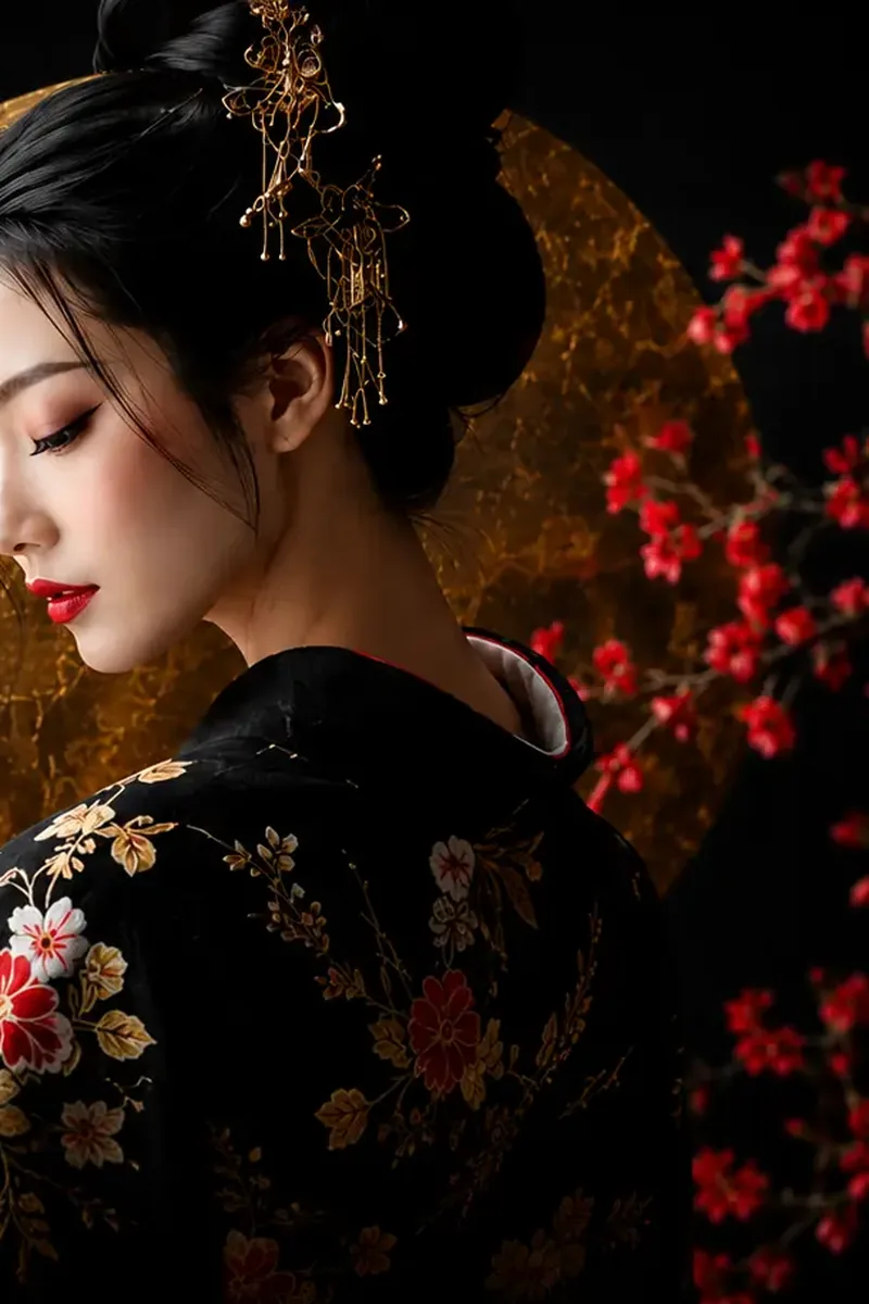A woman in a black floral kimono against a gold disc and red blossom