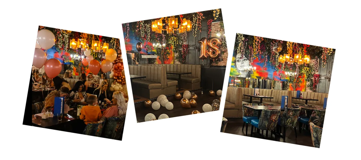 Three snapshots from the function room: a family party with balloons, a booth set for an 18th, and the mural dining room