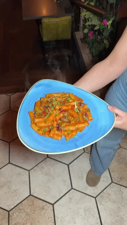 A plate of rigatoni in tomato sauce from the new Geisha Fusion menu